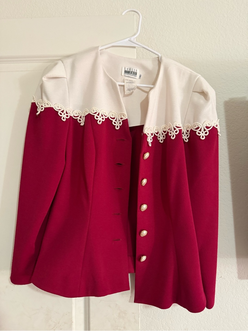 Leslie Fay Red Jacket with Cream Yoke and Decorative Trim